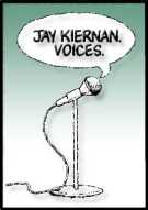 Jay Kiernan Logo - features a cartoon microphone, from which emerges a speech balloon that calls out for Jay Kiernan Voices